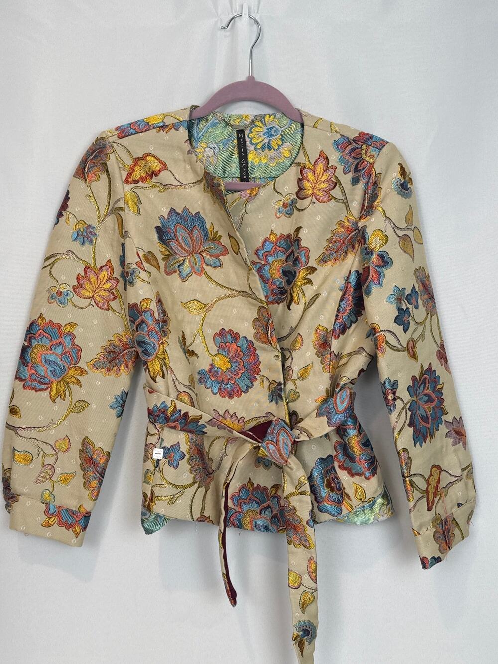 Manila Grace Italy Floral Brocade Wrap Jacket Tie Waist Sz 44 US 8 M